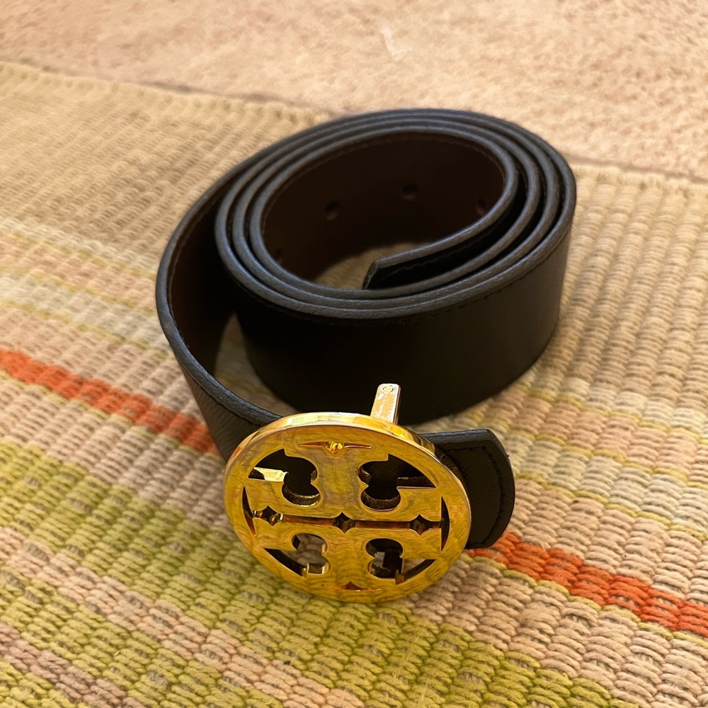 Tory Burch Black Leather Belt with Gold Logo Buckle